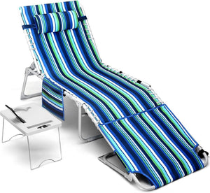 3 - in - 1 Beach Chair Face Holes Lounge Chair Outdoor with Folding Side Table 5 - Position Recliner, Lay Flat Removable Pillow Heavy Duty, Max 330lbs, Poolside, Patio, Camping Backyard Striped Blue - Wigtrends