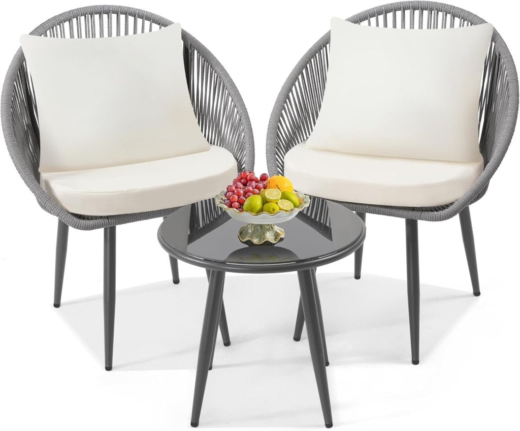 3 Piece Bistro Set, Woven Rope Chair with Cushions, All Weather Patio Conversation Set with Side Table, Ideal for Deck, Balcony, Poolside, Black - Wigtrends