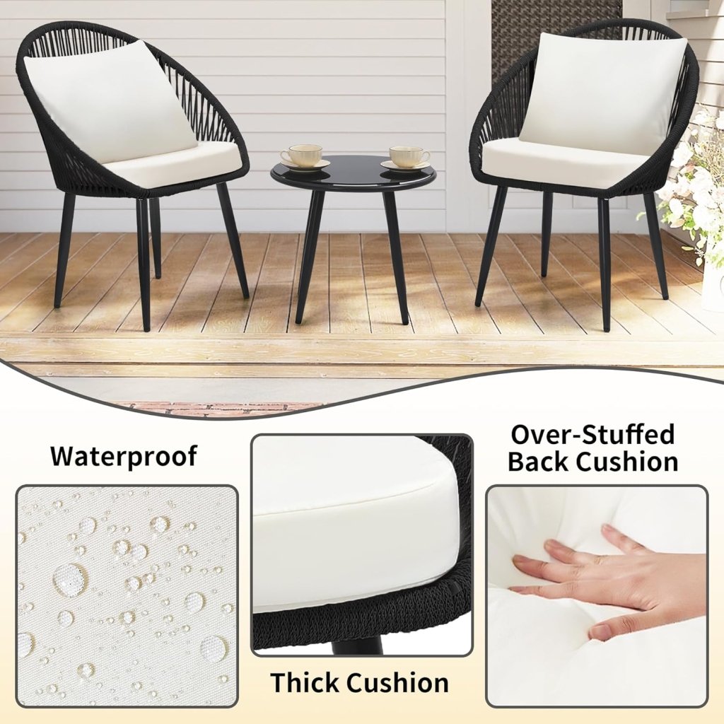 3 Piece Bistro Set, Woven Rope Chair with Cushions, All Weather Patio Conversation Set with Side Table, Ideal for Deck, Balcony, Poolside, Black - Wigtrends