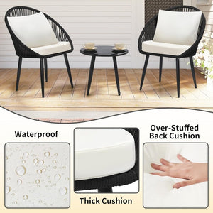 3 Piece Bistro Set, Woven Rope Chair with Cushions, All Weather Patio Conversation Set with Side Table, Ideal for Deck, Balcony, Poolside, Black - Wigtrends