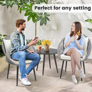3 Piece Bistro Set, Woven Rope Chair with Cushions, All Weather Patio Conversation Set with Side Table, Ideal for Deck, Balcony, Poolside, Black - Wigtrends