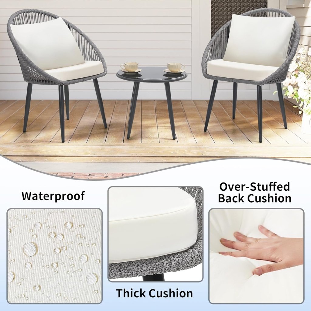 3 Piece Bistro Set, Woven Rope Chair with Cushions, All Weather Patio Conversation Set with Side Table, Ideal for Deck, Balcony, Poolside, Black - Wigtrends