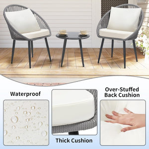3 Piece Bistro Set, Woven Rope Chair with Cushions, All Weather Patio Conversation Set with Side Table, Ideal for Deck, Balcony, Poolside, Black - Wigtrends