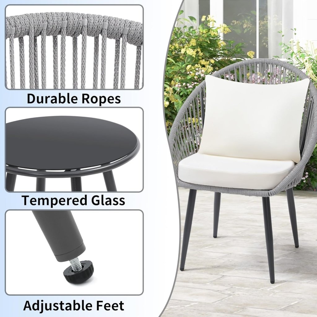 3 Piece Bistro Set, Woven Rope Chair with Cushions, All Weather Patio Conversation Set with Side Table, Ideal for Deck, Balcony, Poolside, Black - Wigtrends