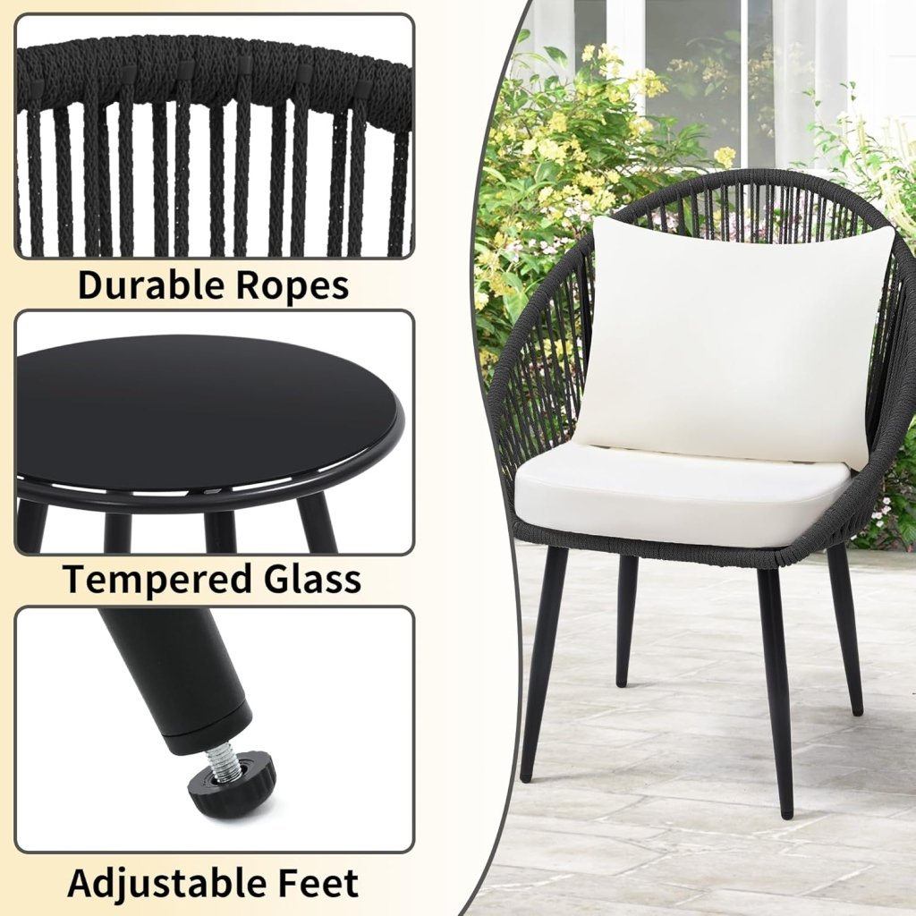 3 Piece Bistro Set, Woven Rope Chair with Cushions, All Weather Patio Conversation Set with Side Table, Ideal for Deck, Balcony, Poolside, Black - Wigtrends
