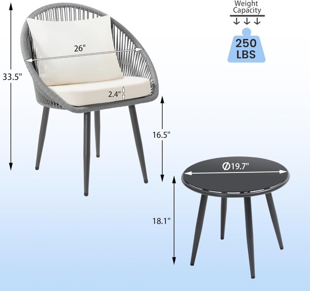 3 Piece Bistro Set, Woven Rope Chair with Cushions, All Weather Patio Conversation Set with Side Table, Ideal for Deck, Balcony, Poolside, Black - Wigtrends