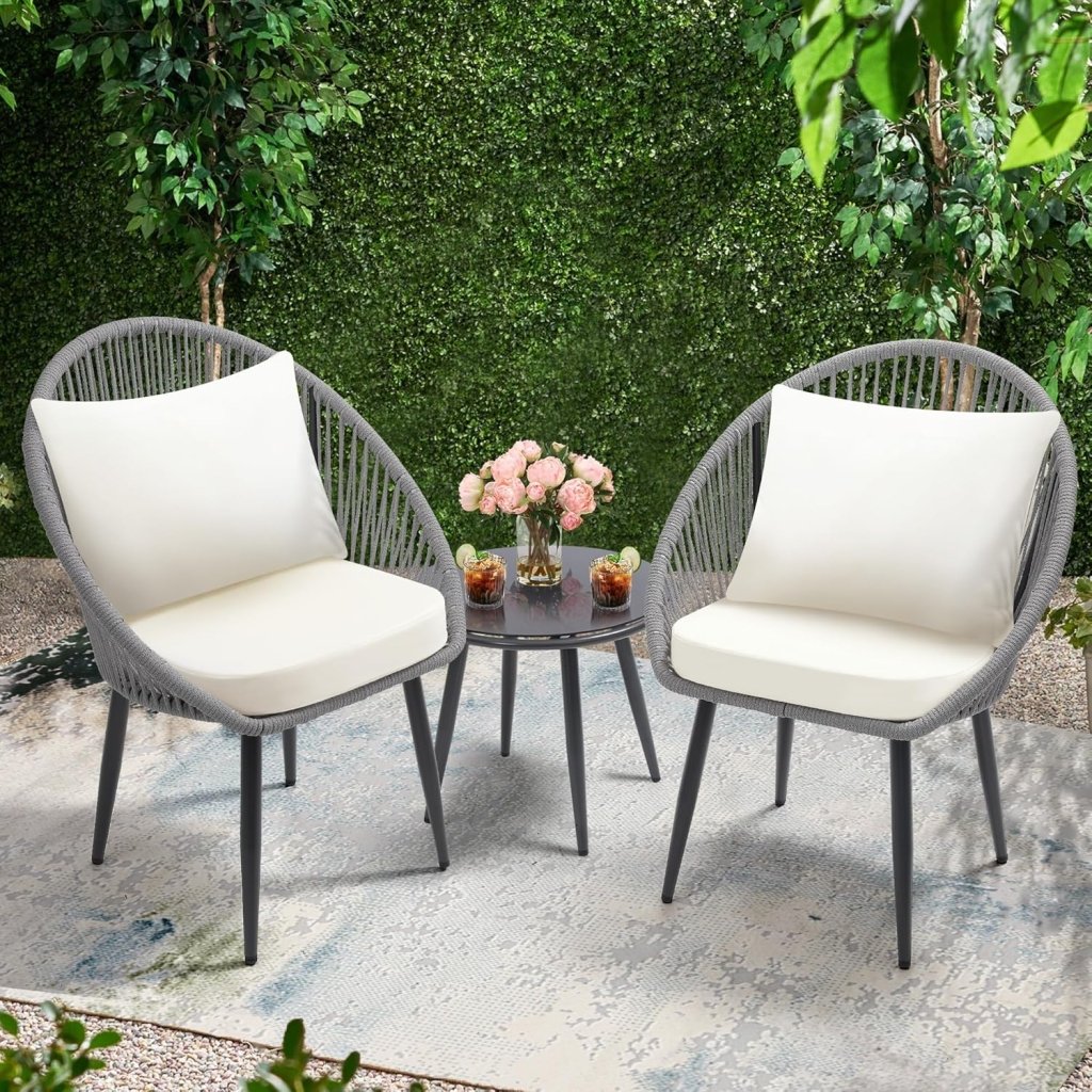 3 Piece Bistro Set, Woven Rope Chair with Cushions, All Weather Patio Conversation Set with Side Table, Ideal for Deck, Balcony, Poolside, Black - Wigtrends