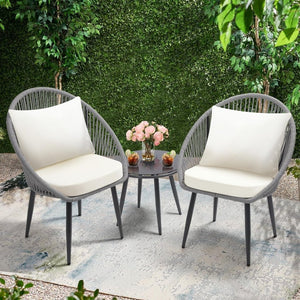3 Piece Bistro Set, Woven Rope Chair with Cushions, All Weather Patio Conversation Set with Side Table, Ideal for Deck, Balcony, Poolside, Black - Wigtrends
