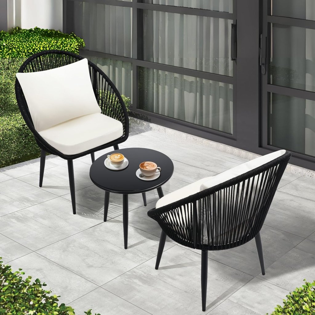 3 Piece Bistro Set, Woven Rope Chair with Cushions, All Weather Patio Conversation Set with Side Table, Ideal for Deck, Balcony, Poolside, Black - Wigtrends