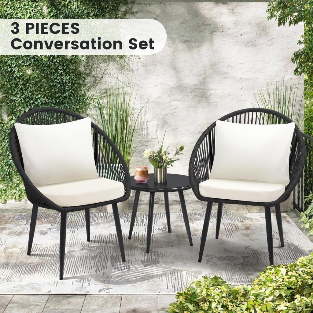 3 Piece Bistro Set, Woven Rope Chair with Cushions, All Weather Patio Conversation Set with Side Table, Ideal for Deck, Balcony, Poolside, Black - Wigtrends