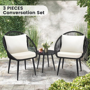 3 Piece Bistro Set, Woven Rope Chair with Cushions, All Weather Patio Conversation Set with Side Table, Ideal for Deck, Balcony, Poolside, Black - Wigtrends
