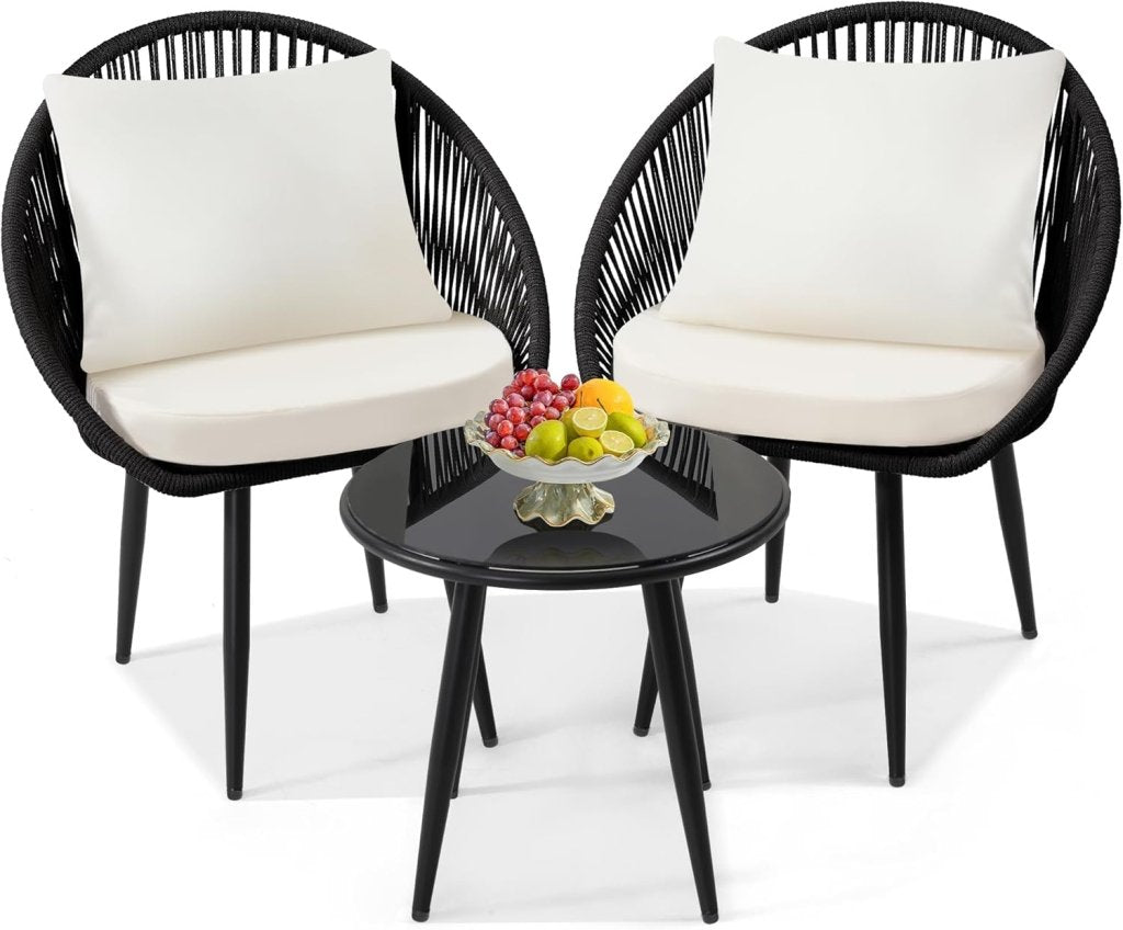 3 Piece Bistro Set, Woven Rope Chair with Cushions, All Weather Patio Conversation Set with Side Table, Ideal for Deck, Balcony, Poolside, Black - Wigtrends