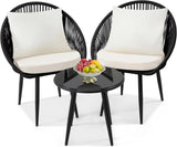 3 Piece Bistro Set, Woven Rope Chair with Cushions, All Weather Patio Conversation Set with Side Table, Ideal for Deck, Balcony, Poolside, Black - Wigtrends