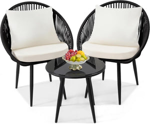 3 Piece Bistro Set, Woven Rope Chair with Cushions, All Weather Patio Conversation Set with Side Table, Ideal for Deck, Balcony, Poolside, Black - Wigtrends