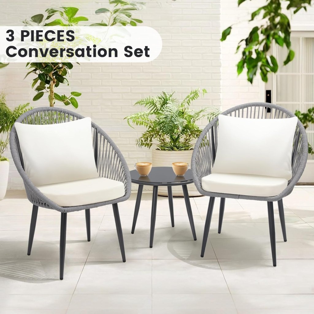 3 Piece Bistro Set, Woven Rope Chair with Cushions, All Weather Patio Conversation Set with Side Table, Ideal for Deck, Balcony, Poolside, Black - Wigtrends