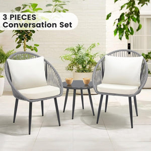 3 Piece Bistro Set, Woven Rope Chair with Cushions, All Weather Patio Conversation Set with Side Table, Ideal for Deck, Balcony, Poolside, Black - Wigtrends