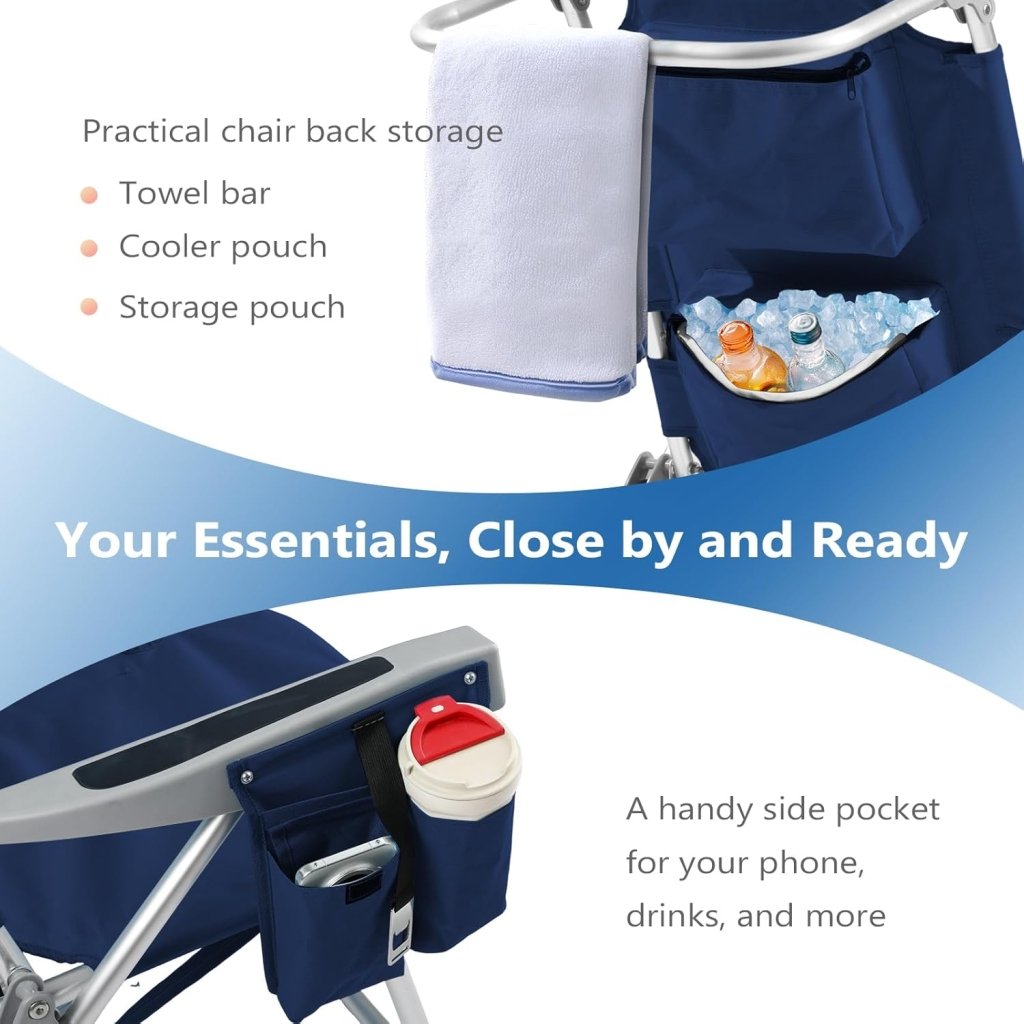 5 - Position Aluminum Lay Flat Tall Backpack Beach Chairs 2 Pack Compact Portable Beach Chairs for Adults with Cooler Pouch, Storage Pouch, Towel Bar, Cup Holder & Phone Holder, Blue Stripe - Wigtrends