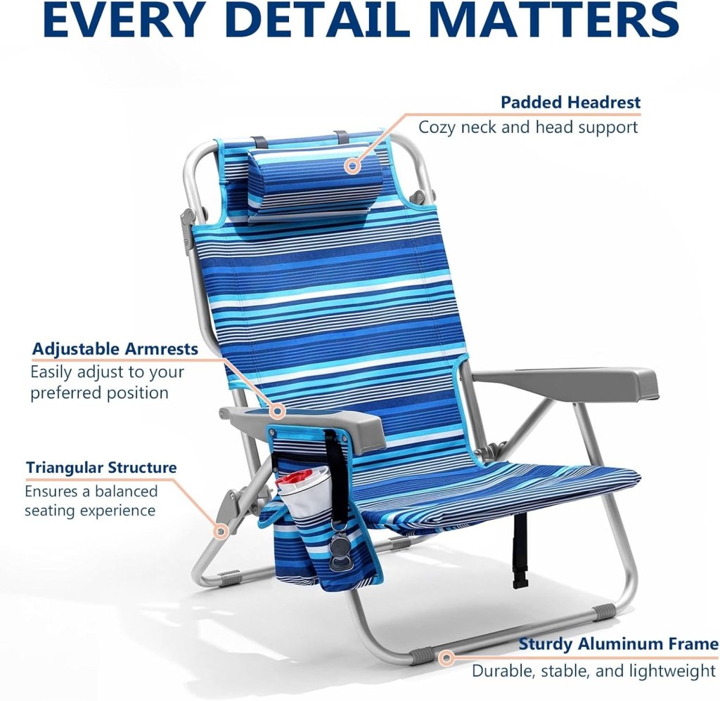 5 - Position Aluminum Lay Flat Tall Backpack Beach Chairs 2 Pack Compact Portable Beach Chairs for Adults with Cooler Pouch, Storage Pouch, Towel Bar, Cup Holder & Phone Holder, Blue Stripe - Wigtrends