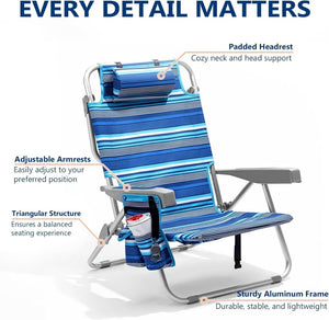 5 - Position Aluminum Lay Flat Tall Backpack Beach Chairs 2 Pack Compact Portable Beach Chairs for Adults with Cooler Pouch, Storage Pouch, Towel Bar, Cup Holder & Phone Holder, Blue Stripe - Wigtrends