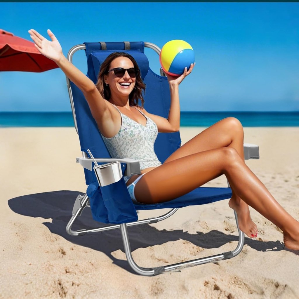5 - Position Aluminum Lay Flat Tall Backpack Beach Chairs 2 Pack Compact Portable Beach Chairs for Adults with Cooler Pouch, Storage Pouch, Towel Bar, Cup Holder & Phone Holder, Blue Stripe - Wigtrends