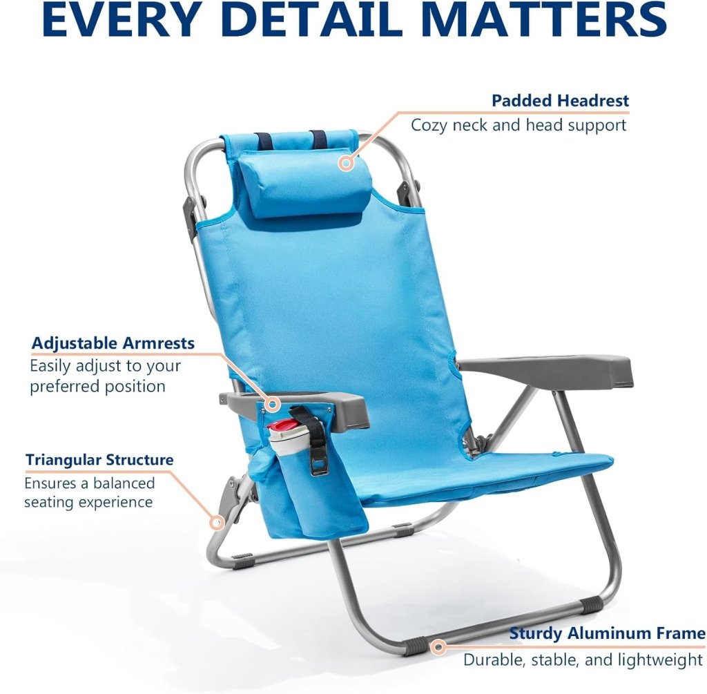 5 - Position Aluminum Lay Flat Tall Backpack Beach Chairs 2 Pack Compact Portable Beach Chairs for Adults with Cooler Pouch, Storage Pouch, Towel Bar, Cup Holder & Phone Holder, Blue Stripe - Wigtrends
