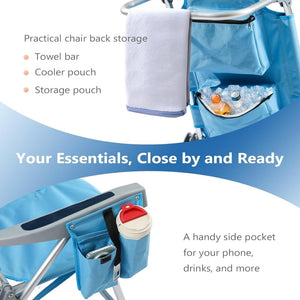 5 - Position Aluminum Lay Flat Tall Backpack Beach Chairs 2 Pack Compact Portable Beach Chairs for Adults with Cooler Pouch, Storage Pouch, Towel Bar, Cup Holder & Phone Holder, Blue Stripe - Wigtrends