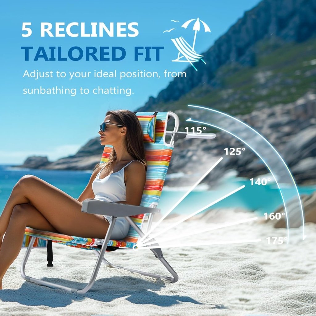 5 - Position Aluminum Lay Flat Tall Backpack Beach Chairs 2 Pack Compact Portable Beach Chairs for Adults with Cooler Pouch, Storage Pouch, Towel Bar, Cup Holder & Phone Holder, Blue Stripe - Wigtrends