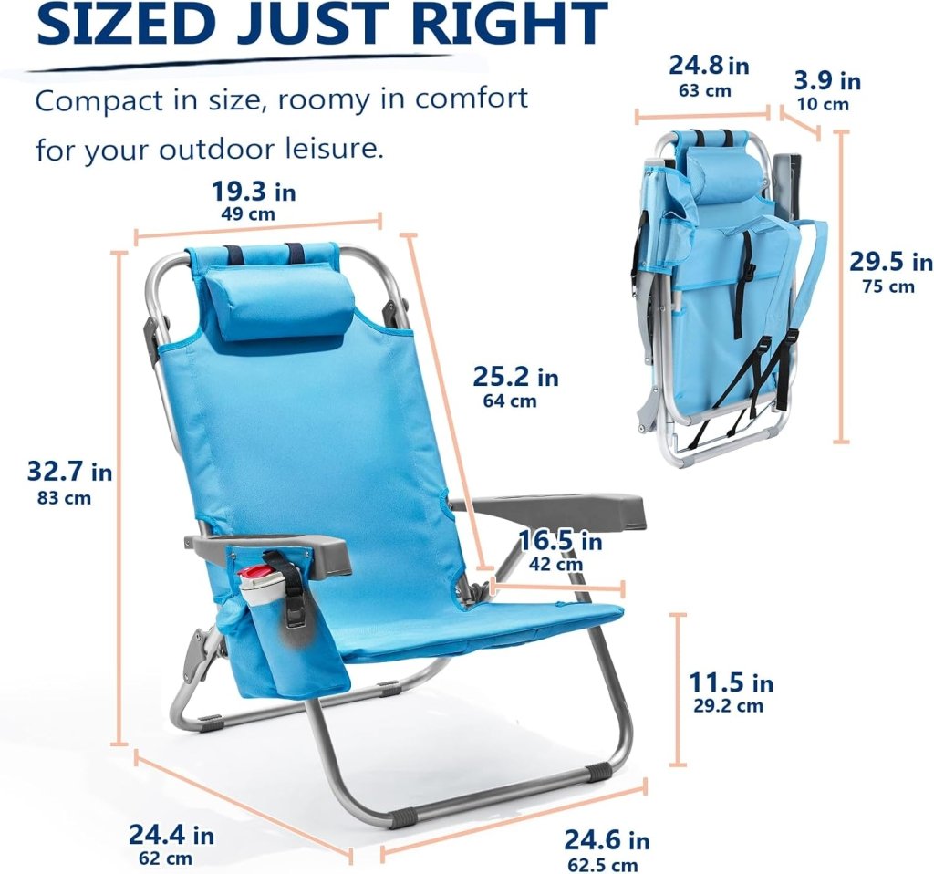 5 - Position Aluminum Lay Flat Tall Backpack Beach Chairs 2 Pack Compact Portable Beach Chairs for Adults with Cooler Pouch, Storage Pouch, Towel Bar, Cup Holder & Phone Holder, Blue Stripe - Wigtrends