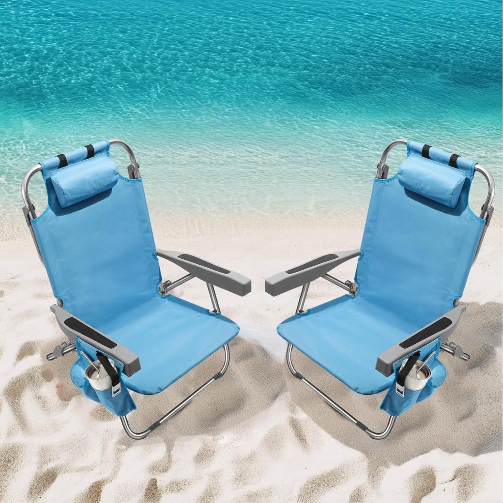 5 - Position Aluminum Lay Flat Tall Backpack Beach Chairs 2 Pack Compact Portable Beach Chairs for Adults with Cooler Pouch, Storage Pouch, Towel Bar, Cup Holder & Phone Holder, Blue Stripe - Wigtrends