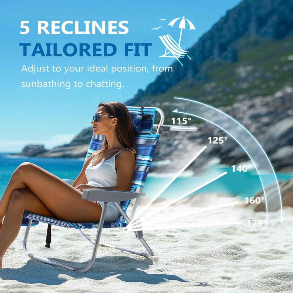 5 - Position Aluminum Lay Flat Tall Backpack Beach Chairs 2 Pack Compact Portable Beach Chairs for Adults with Cooler Pouch, Storage Pouch, Towel Bar, Cup Holder & Phone Holder, Blue Stripe - Wigtrends