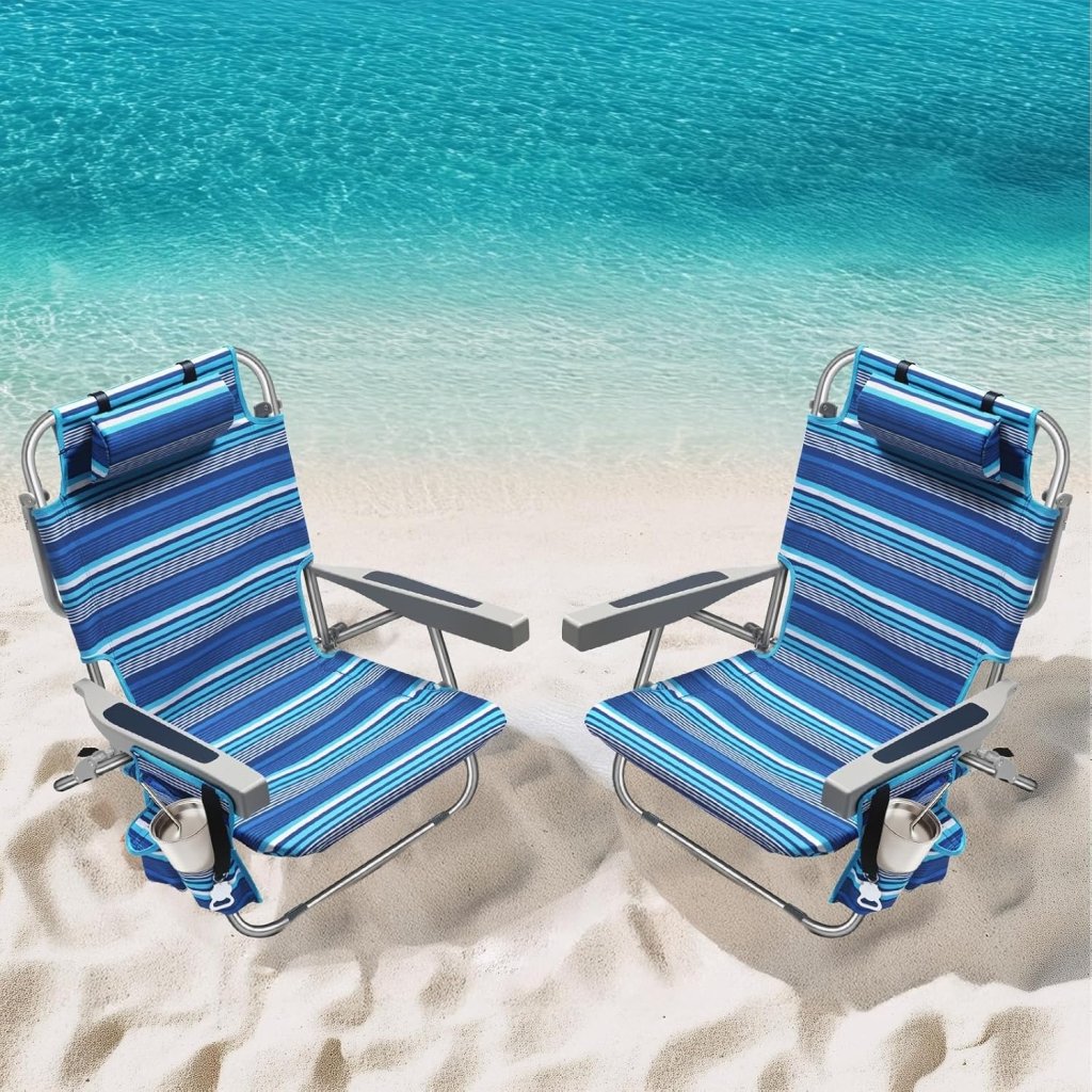 5 - Position Aluminum Lay Flat Tall Backpack Beach Chairs 2 Pack Compact Portable Beach Chairs for Adults with Cooler Pouch, Storage Pouch, Towel Bar, Cup Holder & Phone Holder, Blue Stripe - Wigtrends