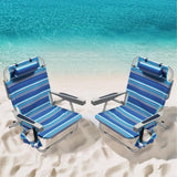 5 - Position Aluminum Lay Flat Tall Backpack Beach Chairs 2 Pack Compact Portable Beach Chairs for Adults with Cooler Pouch, Storage Pouch, Towel Bar, Cup Holder & Phone Holder, Blue Stripe - Wigtrends