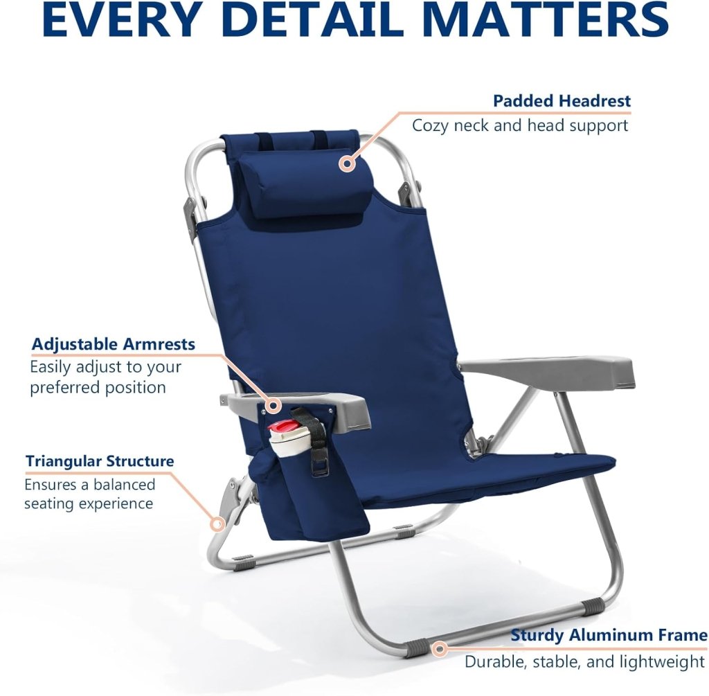 5 - Position Aluminum Lay Flat Tall Backpack Beach Chairs 2 Pack Compact Portable Beach Chairs for Adults with Cooler Pouch, Storage Pouch, Towel Bar, Cup Holder & Phone Holder, Blue Stripe - Wigtrends