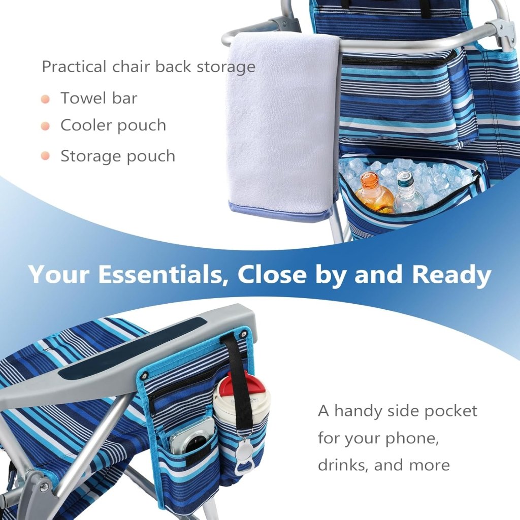 5 - Position Aluminum Lay Flat Tall Backpack Beach Chairs 2 Pack Compact Portable Beach Chairs for Adults with Cooler Pouch, Storage Pouch, Towel Bar, Cup Holder & Phone Holder, Blue Stripe - Wigtrends