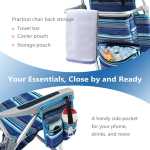 5 - Position Aluminum Lay Flat Tall Backpack Beach Chairs 2 Pack Compact Portable Beach Chairs for Adults with Cooler Pouch, Storage Pouch, Towel Bar, Cup Holder & Phone Holder, Blue Stripe - Wigtrends