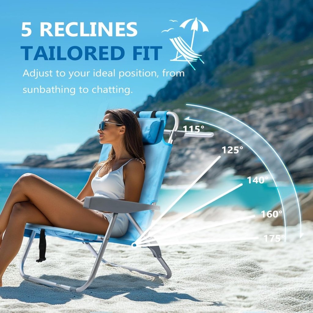 5 - Position Aluminum Lay Flat Tall Backpack Beach Chairs 2 Pack Compact Portable Beach Chairs for Adults with Cooler Pouch, Storage Pouch, Towel Bar, Cup Holder & Phone Holder, Blue Stripe - Wigtrends