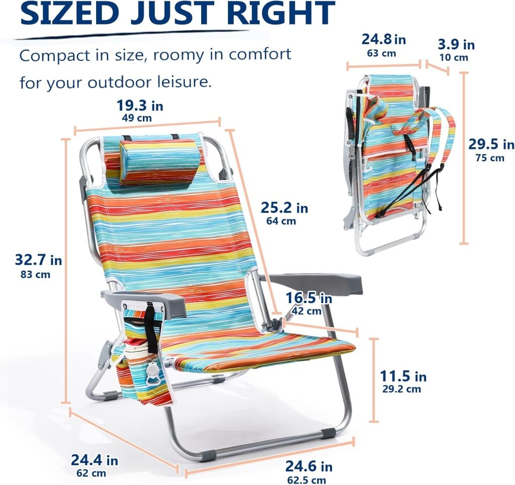 5 - Position Aluminum Lay Flat Tall Backpack Beach Chairs 2 Pack Compact Portable Beach Chairs for Adults with Cooler Pouch, Storage Pouch, Towel Bar, Cup Holder & Phone Holder, Blue Stripe - Wigtrends
