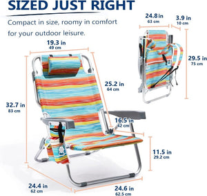 5 - Position Aluminum Lay Flat Tall Backpack Beach Chairs 2 Pack Compact Portable Beach Chairs for Adults with Cooler Pouch, Storage Pouch, Towel Bar, Cup Holder & Phone Holder, Blue Stripe - Wigtrends