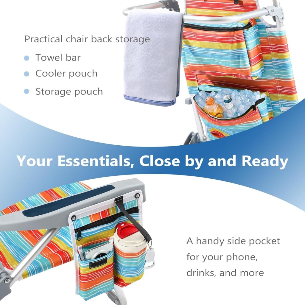 5 - Position Aluminum Lay Flat Tall Backpack Beach Chairs 2 Pack Compact Portable Beach Chairs for Adults with Cooler Pouch, Storage Pouch, Towel Bar, Cup Holder & Phone Holder, Blue Stripe - Wigtrends