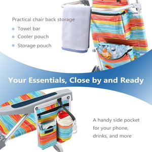5 - Position Aluminum Lay Flat Tall Backpack Beach Chairs 2 Pack Compact Portable Beach Chairs for Adults with Cooler Pouch, Storage Pouch, Towel Bar, Cup Holder & Phone Holder, Blue Stripe - Wigtrends