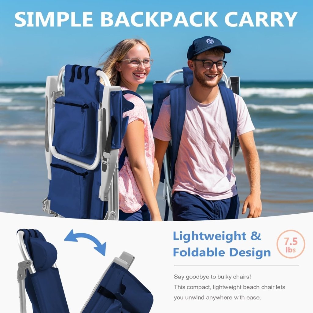 5 - Position Aluminum Lay Flat Tall Backpack Beach Chairs 2 Pack Compact Portable Beach Chairs for Adults with Cooler Pouch, Storage Pouch, Towel Bar, Cup Holder & Phone Holder, Blue Stripe - Wigtrends