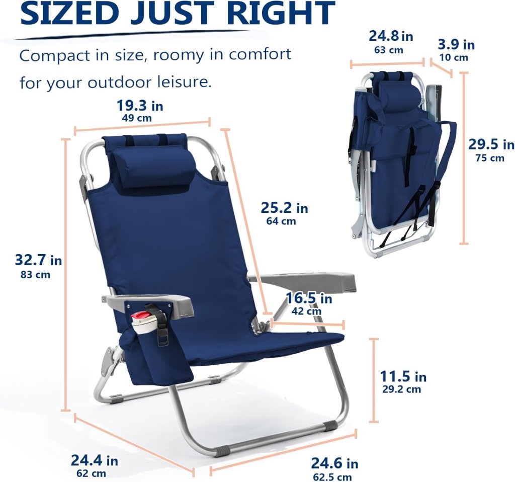 5 - Position Aluminum Lay Flat Tall Backpack Beach Chairs 2 Pack Compact Portable Beach Chairs for Adults with Cooler Pouch, Storage Pouch, Towel Bar, Cup Holder & Phone Holder, Blue Stripe - Wigtrends