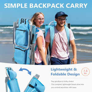 5 - Position Aluminum Lay Flat Tall Backpack Beach Chairs 2 Pack Compact Portable Beach Chairs for Adults with Cooler Pouch, Storage Pouch, Towel Bar, Cup Holder & Phone Holder, Blue Stripe - Wigtrends