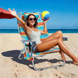 5 - Position Aluminum Lay Flat Tall Backpack Beach Chairs 2 Pack Compact Portable Beach Chairs for Adults with Cooler Pouch, Storage Pouch, Towel Bar, Cup Holder & Phone Holder, Blue Stripe - Wigtrends