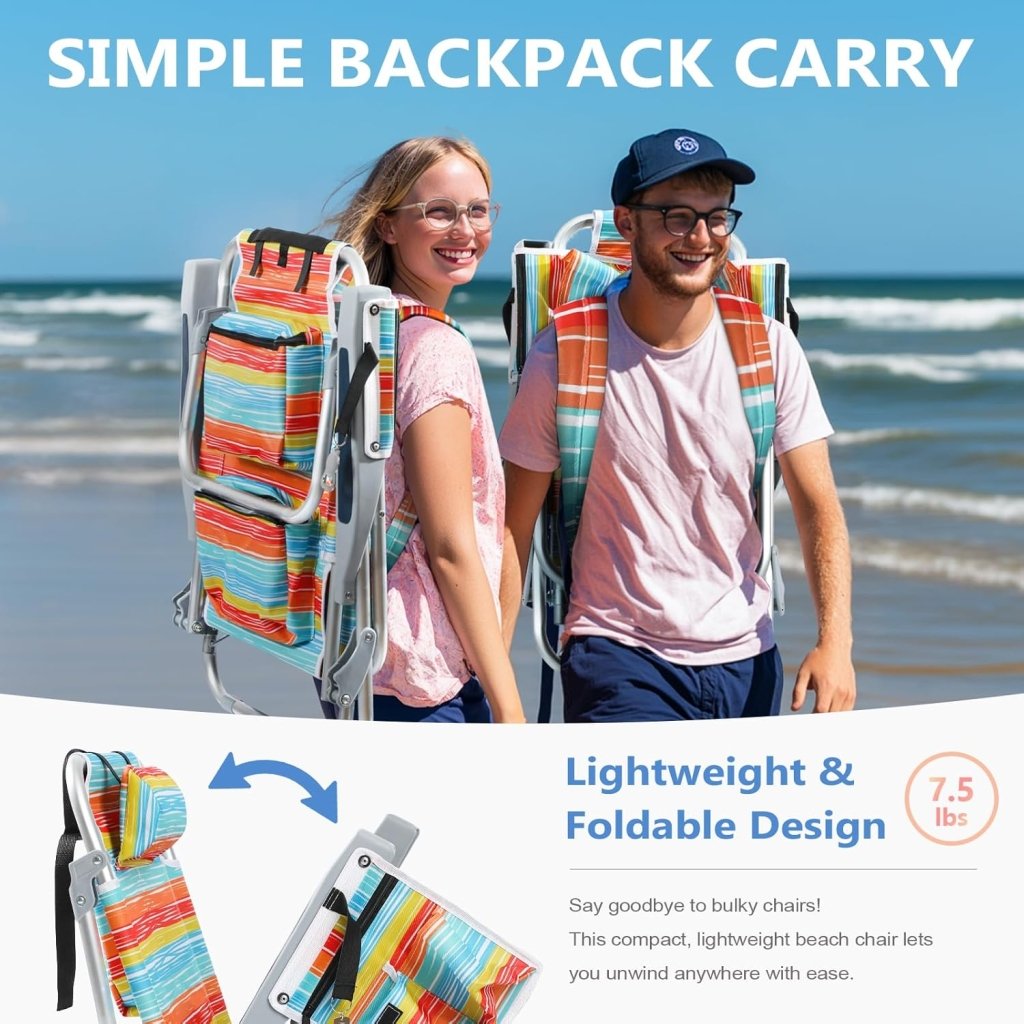 5 - Position Aluminum Lay Flat Tall Backpack Beach Chairs 2 Pack Compact Portable Beach Chairs for Adults with Cooler Pouch, Storage Pouch, Towel Bar, Cup Holder & Phone Holder, Blue Stripe - Wigtrends
