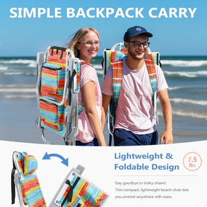 5 - Position Aluminum Lay Flat Tall Backpack Beach Chairs 2 Pack Compact Portable Beach Chairs for Adults with Cooler Pouch, Storage Pouch, Towel Bar, Cup Holder & Phone Holder, Blue Stripe - Wigtrends