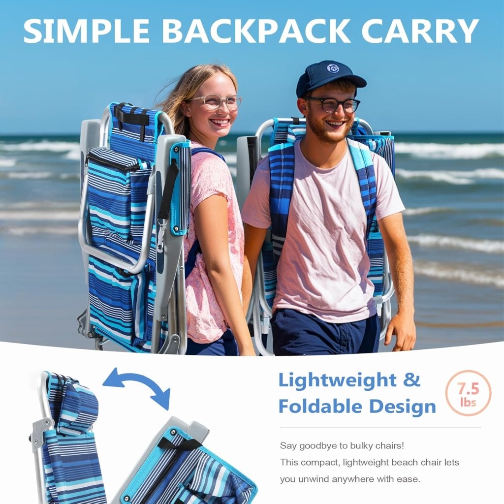 5 - Position Aluminum Lay Flat Tall Backpack Beach Chairs 2 Pack Compact Portable Beach Chairs for Adults with Cooler Pouch, Storage Pouch, Towel Bar, Cup Holder & Phone Holder, Blue Stripe - Wigtrends
