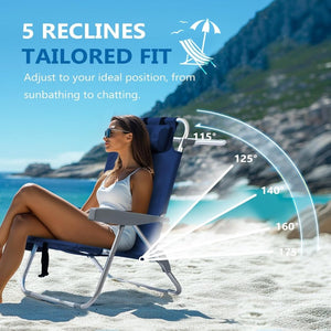 5 - Position Aluminum Lay Flat Tall Backpack Beach Chairs 2 Pack Compact Portable Beach Chairs for Adults with Cooler Pouch, Storage Pouch, Towel Bar, Cup Holder & Phone Holder, Blue Stripe - Wigtrends