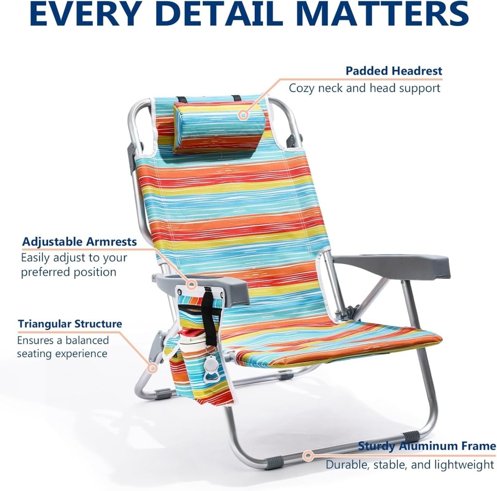 5 - Position Aluminum Lay Flat Tall Backpack Beach Chairs 2 Pack Compact Portable Beach Chairs for Adults with Cooler Pouch, Storage Pouch, Towel Bar, Cup Holder & Phone Holder, Blue Stripe - Wigtrends