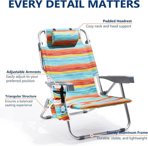 5 - Position Aluminum Lay Flat Tall Backpack Beach Chairs 2 Pack Compact Portable Beach Chairs for Adults with Cooler Pouch, Storage Pouch, Towel Bar, Cup Holder & Phone Holder, Blue Stripe - Wigtrends